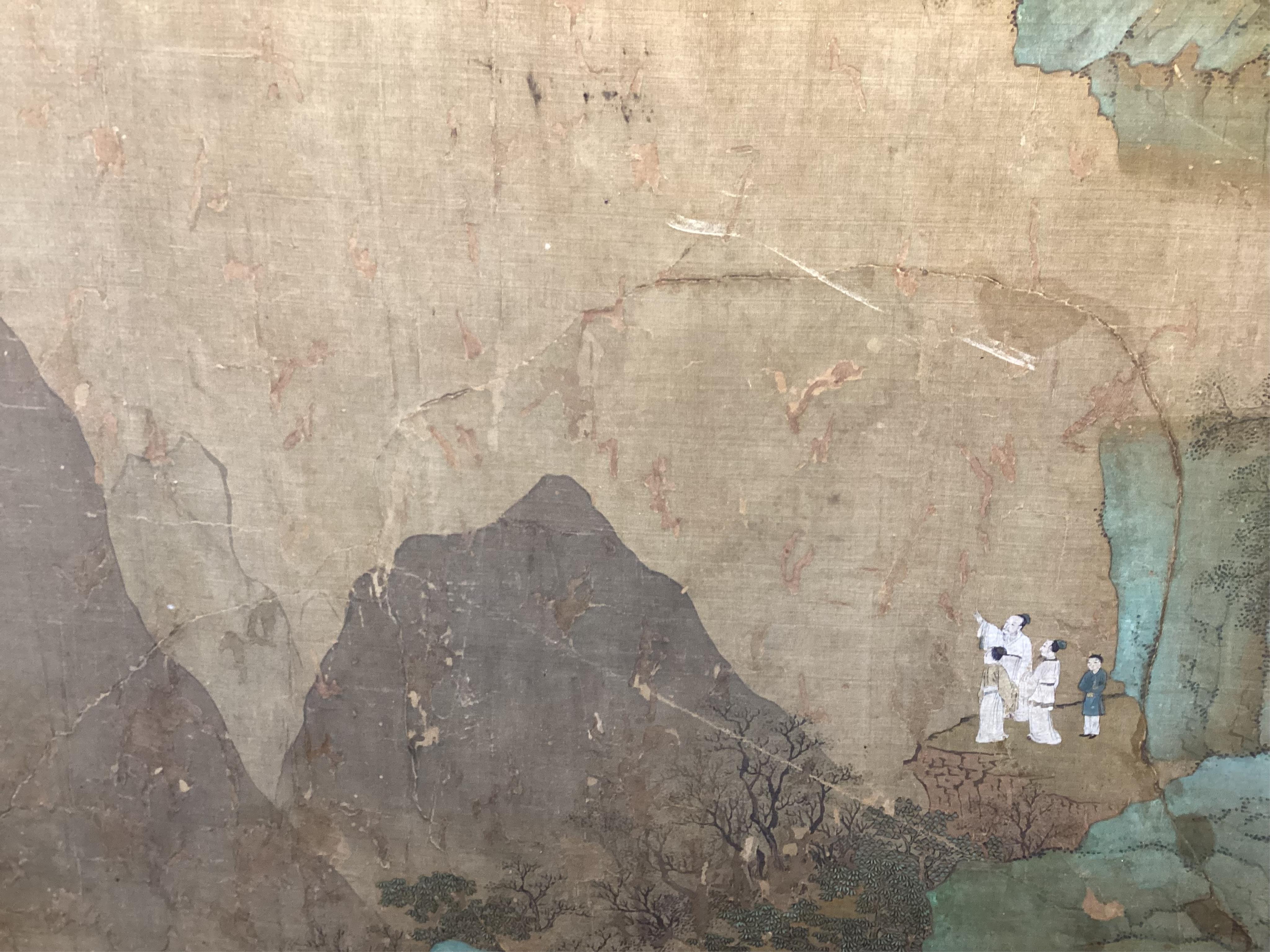 Chinese School , 17th century or earlier, Scholars in a mountainous river landscape scene with pavilions, Ink and colour on silk, incomplete clerical script signature, 54cm x 290cm